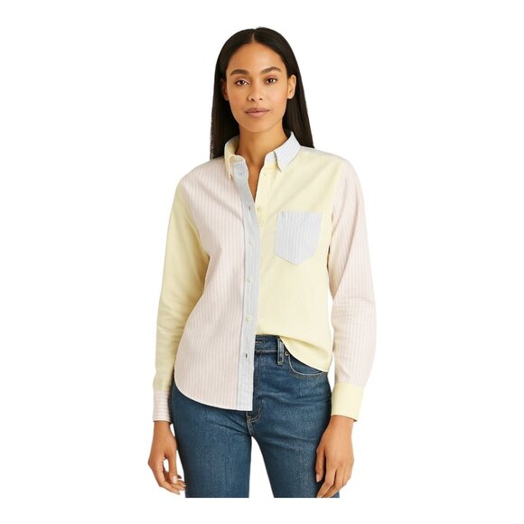J Crew Womens Classic Fit Poplin Shirt~Size 10~Cocktail Stripe Yellow Top L15 14 - Picture 1 of 13
